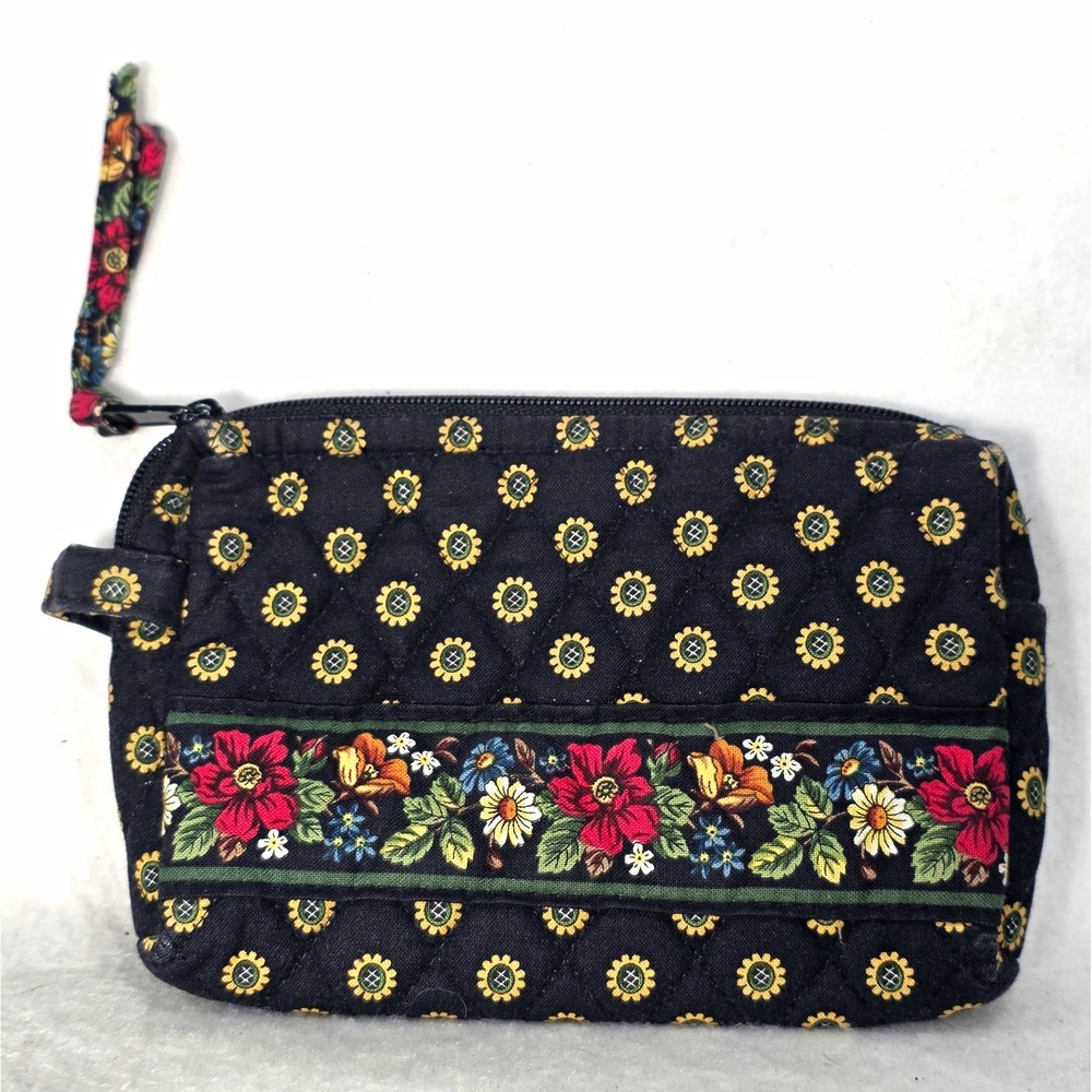 Vintage Vera Bradley Vibrant Black Petite Cosmetic Case Makeup Bag Plastic Lined
